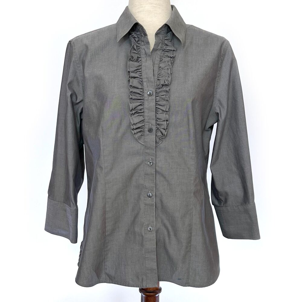 Foxcroft Cotton Ruffle Front Gray Button Up Top Sz 12